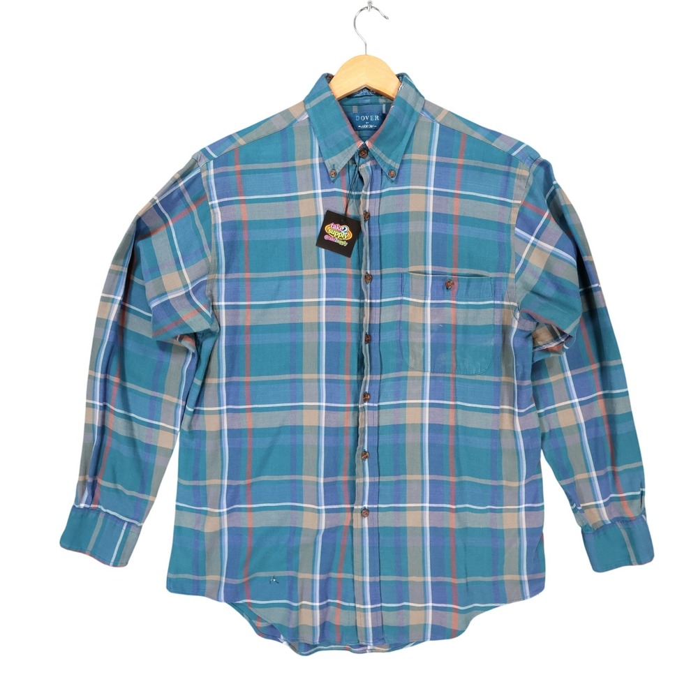 Dover by Arrow Button Down Shirt Mens Medium Blue Excellent Plaid Long Sleeve